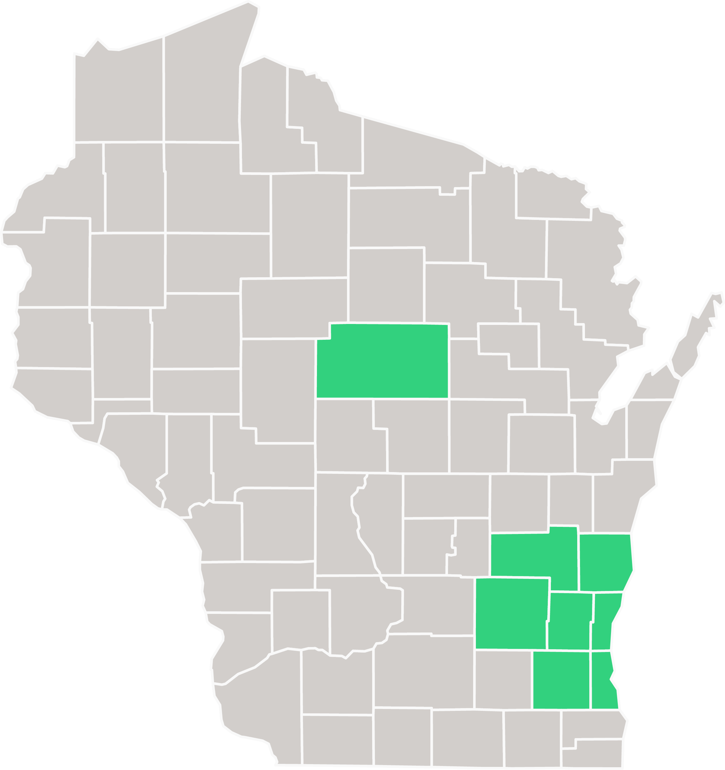 Map of Wisconsin counties with southeastern counties highlighted